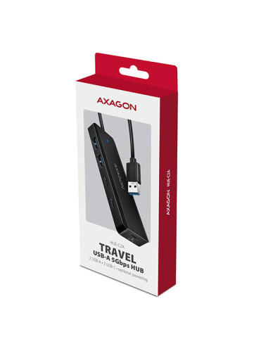 AXAGON HUE-C2A, 4× USB 5Gbps TRAVEL hub, 2× USB-A + 2× USB-C, USB-C napájanie, kábel USB-A 19cm