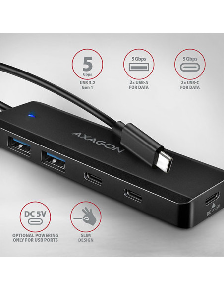 AXAGON HUE-C2C, 4× USB 5Gbps TRAVEL hub, 2× USB-A + 2× USB-C, USB-C napájanie, kábel USB-C 19cm