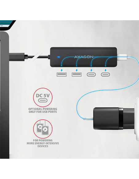 AXAGON HUE-C2C, 4× USB 5Gbps TRAVEL hub, 2× USB-A + 2× USB-C, USB-C napájanie, kábel USB-C 19cm