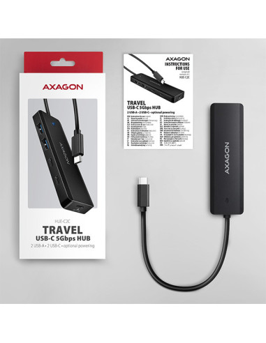AXAGON HUE-C2C, 4× USB 5Gbps TRAVEL hub, 2× USB-A + 2× USB-C, USB-C napájanie, kábel USB-C 19cm