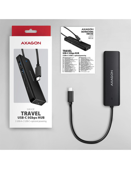 AXAGON HUE-C2C, 4× USB 5Gbps TRAVEL hub, 2× USB-A + 2× USB-C, USB-C napájanie, kábel USB-C 19cm