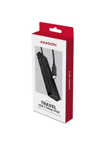AXAGON HUE-C2C, 4× USB 5Gbps TRAVEL hub, 2× USB-A + 2× USB-C, USB-C napájanie, kábel USB-C 19cm