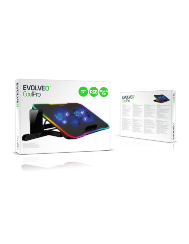 EVOLVEO CoolPro, chladiaca podložka pod notebook, 2x ventilátor, RGB podsvietenie, čierna