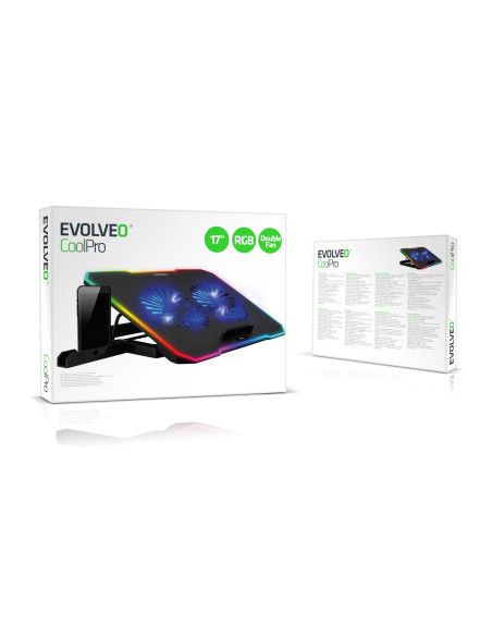 EVOLVEO CoolPro, chladiaca podložka pod notebook, 2x ventilátor, RGB podsvietenie, čierna