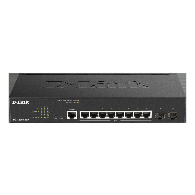 D-Link DGS-2000-10P Managed PoE switch, 8x GbE PoE+, 2x SFP, PoE 65W, fanless