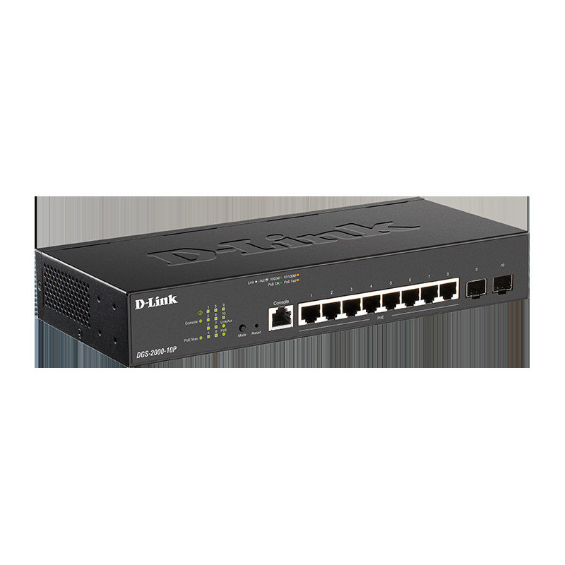 D-Link DGS-2000-10P Managed PoE switch, 8x GbE PoE+, 2x SFP, PoE 65W, fanless
