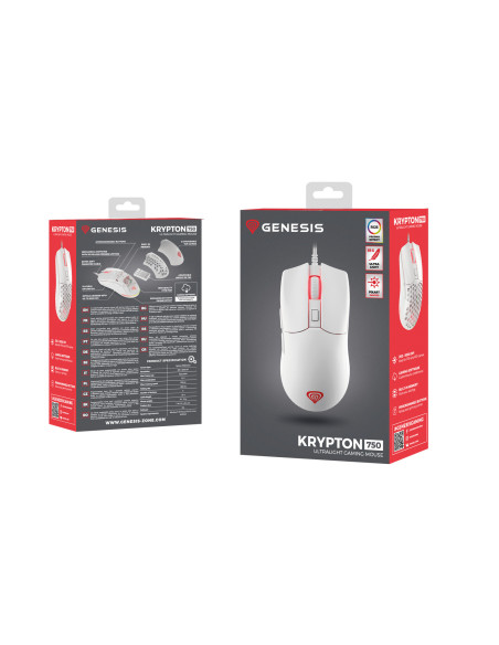 Genesis herná optická myš KRYPTON 750/RGB/8000 DPI/Herná/Optická/8 000 DPI/Drôtová USB/Biela
