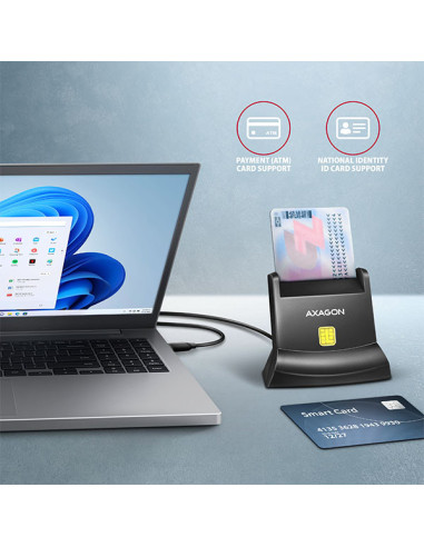 AXAGON CRE-SM4NC, USB-C čítačka kontaktných kariet Smart Card (eObčanka), stojanková, kábel 1,2 m