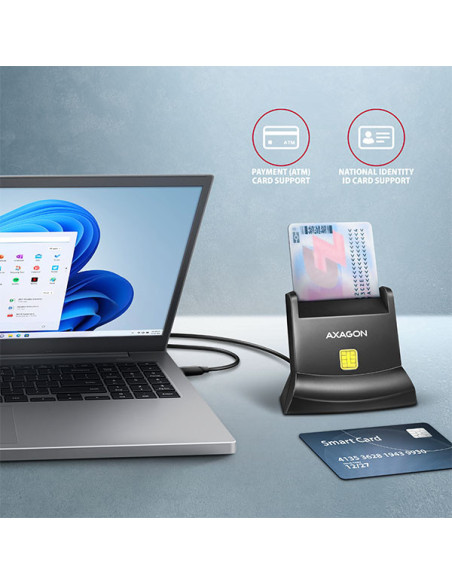 AXAGON CRE-SM4NC, USB-C čítačka kontaktných kariet Smart Card (eObčanka), stojanková, kábel 1,2 m