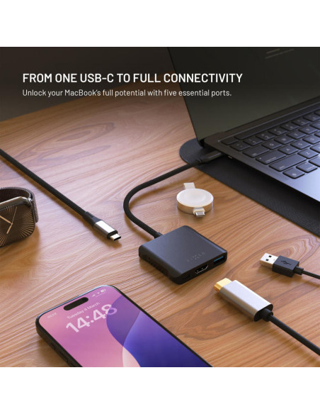 5-port hliníkový USB-C FIXED HUB, 140W, PD3.1