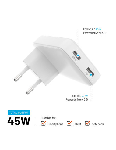 GaN nabíjačka FIXED Slim, 45W, PD2.0, 2xUSB-C