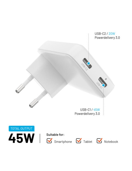 GaN nabíjačka FIXED Slim, 45W, PD2.0, 2xUSB-C