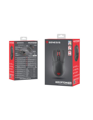 Genesis herná optická myš KRYPTON 750/RGB/8000 DPI/Herná/Optická/8 000 DPI/Drôtová USB/Čierna