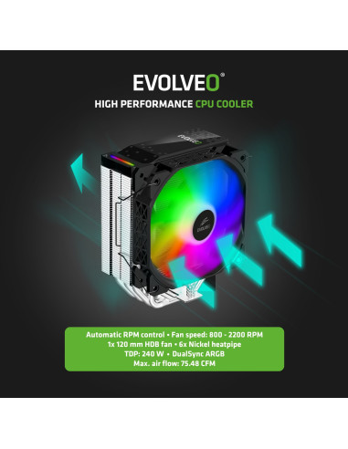 EVOLVEO QuietCool5, CPU chladič, 6x heatpipe, čierny