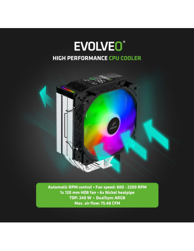 EVOLVEO QuietCool7, CPU chladič s digitálnym displejom, 6x heatpipe, čierny