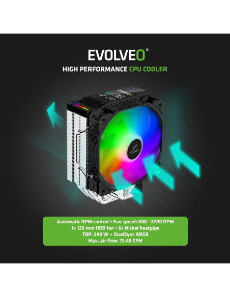 EVOLVEO QuietCool7, CPU chladič s digitálnym displejom, 6x heatpipe, čierny