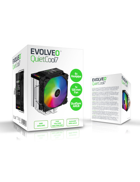 EVOLVEO QuietCool7, CPU chladič s digitálnym displejom, 6x heatpipe, čierny