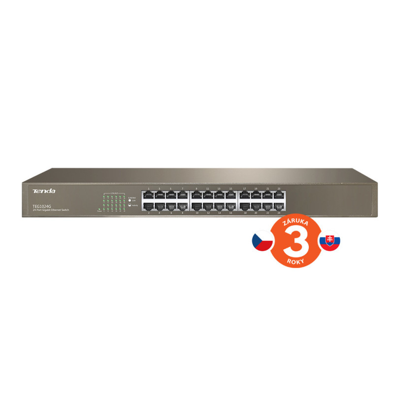 Tenda TEG1024G 24x Gigabit Switch, Fanless-bez ventilátorov, Rackmount 19", ochrana proti prepätiu