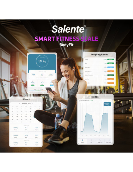 Salente BodyFit, múdra osobná diagnostická fitness váha, Bluetooth, biela