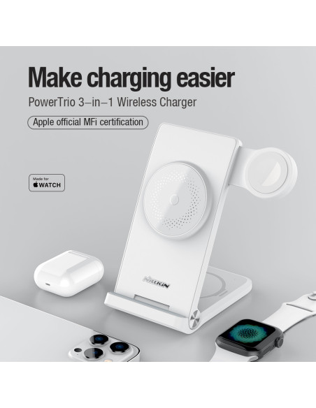 Nillkin PowerTrio 3v1 Bezdrôtová Nabíjačka MagSafe pre Apple Watch White (MFI)