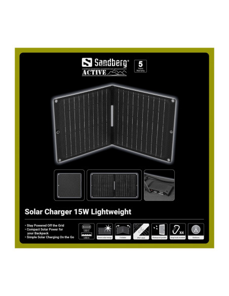 Sandberg Solar Charger 15W Lightweight, skladacia solárna nabíjačka, čierna