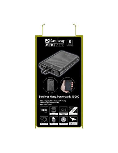 Sandberg Survivor Nano Powerbank 10000 mAh, outdoorová powerbanka s USB-C PD, čierna