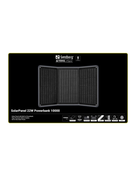 Sandberg SolarPanel 22W Powerbank 10000 mAh, solárna powerbanka, čierna
