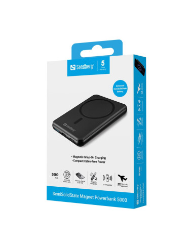 Sandberg SemiSolidState Magnet Powerbank 5000 mAh PD20W, magnetická powerbanka, čierna