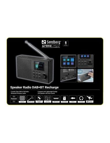 Sandberg Speaker Radio DAB+BT Recharge, prenosné DAB+/FM rádio s Bluetooth, čierna