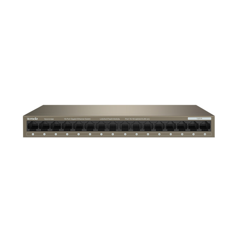Tenda TEG1016M 16-port Gigabit Switch, 16x 10/100/1000 Mb/s, Fanless, MAC 8K, napájanie AC/DC, aj múr