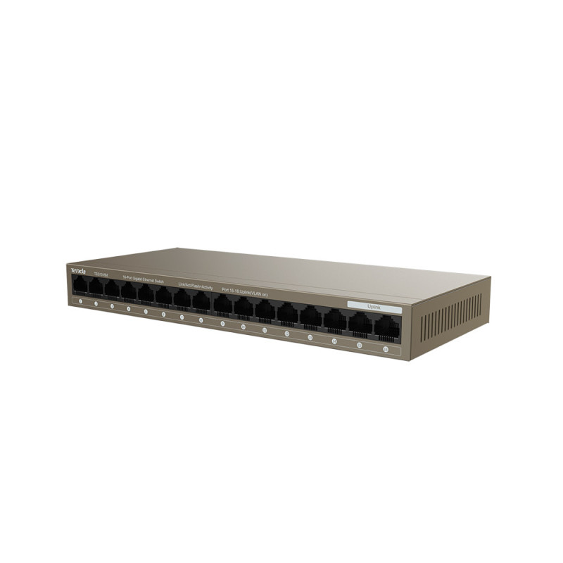 Tenda TEG1016M 16-port Gigabit Switch, 16x 10/100/1000 Mb/s, Fanless, MAC 8K, napájanie AC/DC, aj múr
