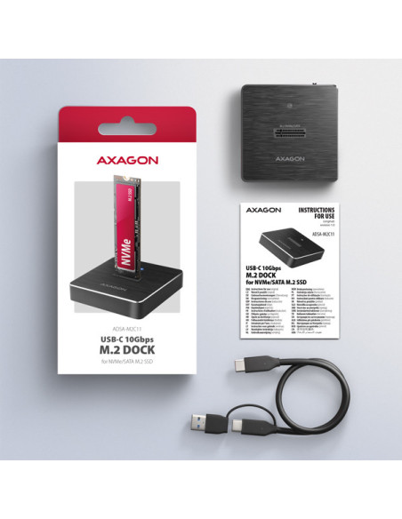 AXAGON ADSA-M2C11, USB-C 10Gbps dokovacia stanica pre 1× M.2 NVMe/SATA SSD