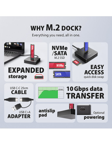 AXAGON ADSA-M2C11, USB-C 10Gbps dokovacia stanica pre 1× M.2 NVMe/SATA SSD