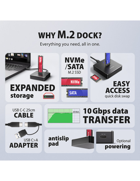 AXAGON ADSA-M2C11, USB-C 10Gbps dokovacia stanica pre 1× M.2 NVMe/SATA SSD
