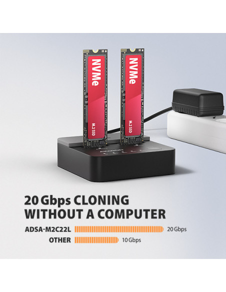 AXAGON ADSA-M2C22L, USB-C 20Gbps dokovacia stanica pre 2× M.2 NVMe SSD s funkciou klonovania