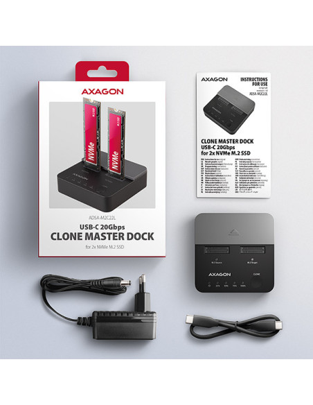 AXAGON ADSA-M2C22L, USB-C 20Gbps dokovacia stanica pre 2× M.2 NVMe SSD s funkciou klonovania