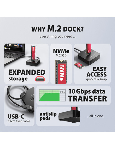 AXAGON ADSA-M2C11L, USB-C 10Gbps dokovacia stanica pre 1× M.2 NVMe SSD