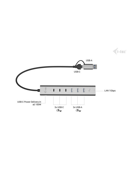 i-tec USB-C/USB-A Metal HUB 6 port (3x USB-C, 3x USB-A), LAN, Power Delivery 85W