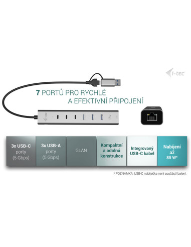 i-tec USB-C/USB-A Metal HUB 6 port (3x USB-C, 3x USB-A), LAN, Power Delivery 85W