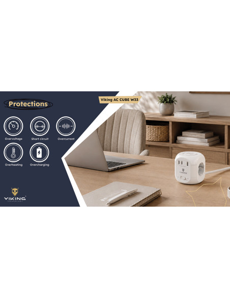 Sieťový adaptér Viking AC Cube W33 /3xAC/1xUSB-A/2xUSB-C/Nabíjanie Wireless/Tlačidlo On/Off