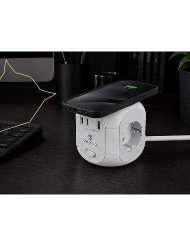 Sieťový adaptér Viking AC Cube W33 /3xAC/1xUSB-A/2xUSB-C/Nabíjanie Wireless/Tlačidlo On/Off