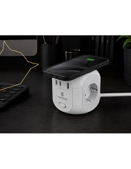 Sieťový adaptér Viking AC Cube W33 /3xAC/1xUSB-A/2xUSB-C/Nabíjanie Wireless/Tlačidlo On/Off