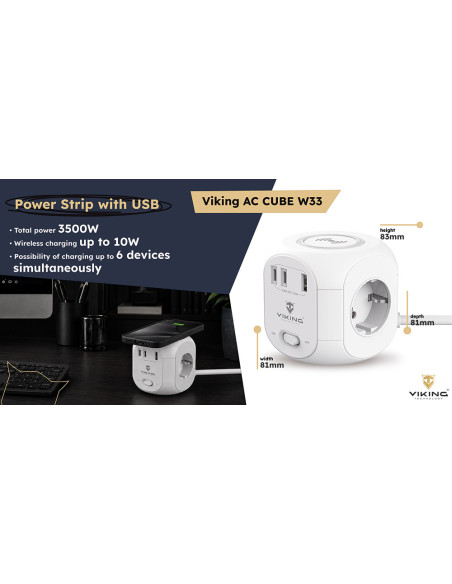 Sieťový adaptér Viking AC Cube W33 /3xAC/1xUSB-A/2xUSB-C/Nabíjanie Wireless/Tlačidlo On/Off