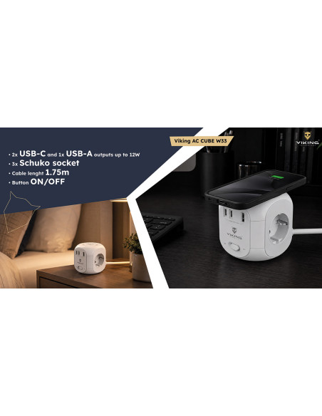 Sieťový adaptér Viking AC Cube W33 /3xAC/1xUSB-A/2xUSB-C/Nabíjanie Wireless/Tlačidlo On/Off