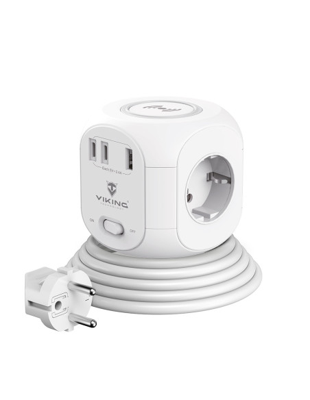 Sieťový adaptér Viking AC Cube W33 /3xAC/1xUSB-A/2xUSB-C/Nabíjanie Wireless/Tlačidlo On/Off