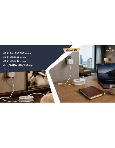 Cestovná predlžovacia zásuvka Viking PQ30/2x AC/2xUSB-C PD/1xUSB-A QC/viac ako 200 krajín