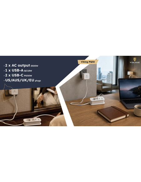 Cestovná predlžovacia zásuvka Viking PQ30/2x AC/2xUSB-C PD/1xUSB-A QC/viac ako 200 krajín