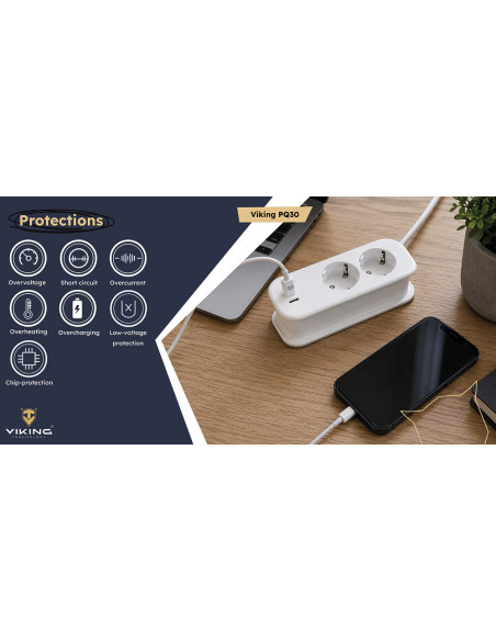 Cestovná predlžovacia zásuvka Viking PQ30/2x AC/2xUSB-C PD/1xUSB-A QC/viac ako 200 krajín