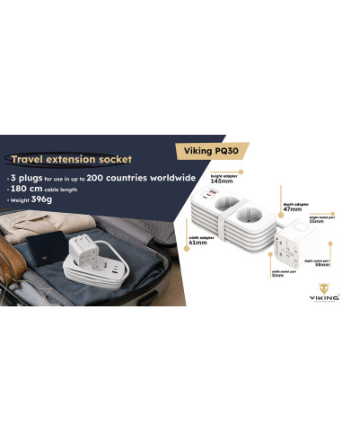 Cestovná predlžovacia zásuvka Viking PQ30/2x AC/2xUSB-C PD/1xUSB-A QC/viac ako 200 krajín