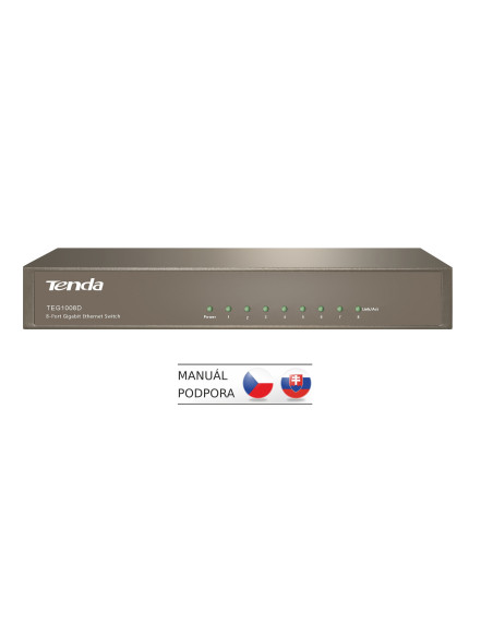 Tenda TEG1008D 8-port Gigabit Switch, 8x 10/100/1000 Mb/s, Fanless-bez ventilátorov, Kov, 9K Jumbo